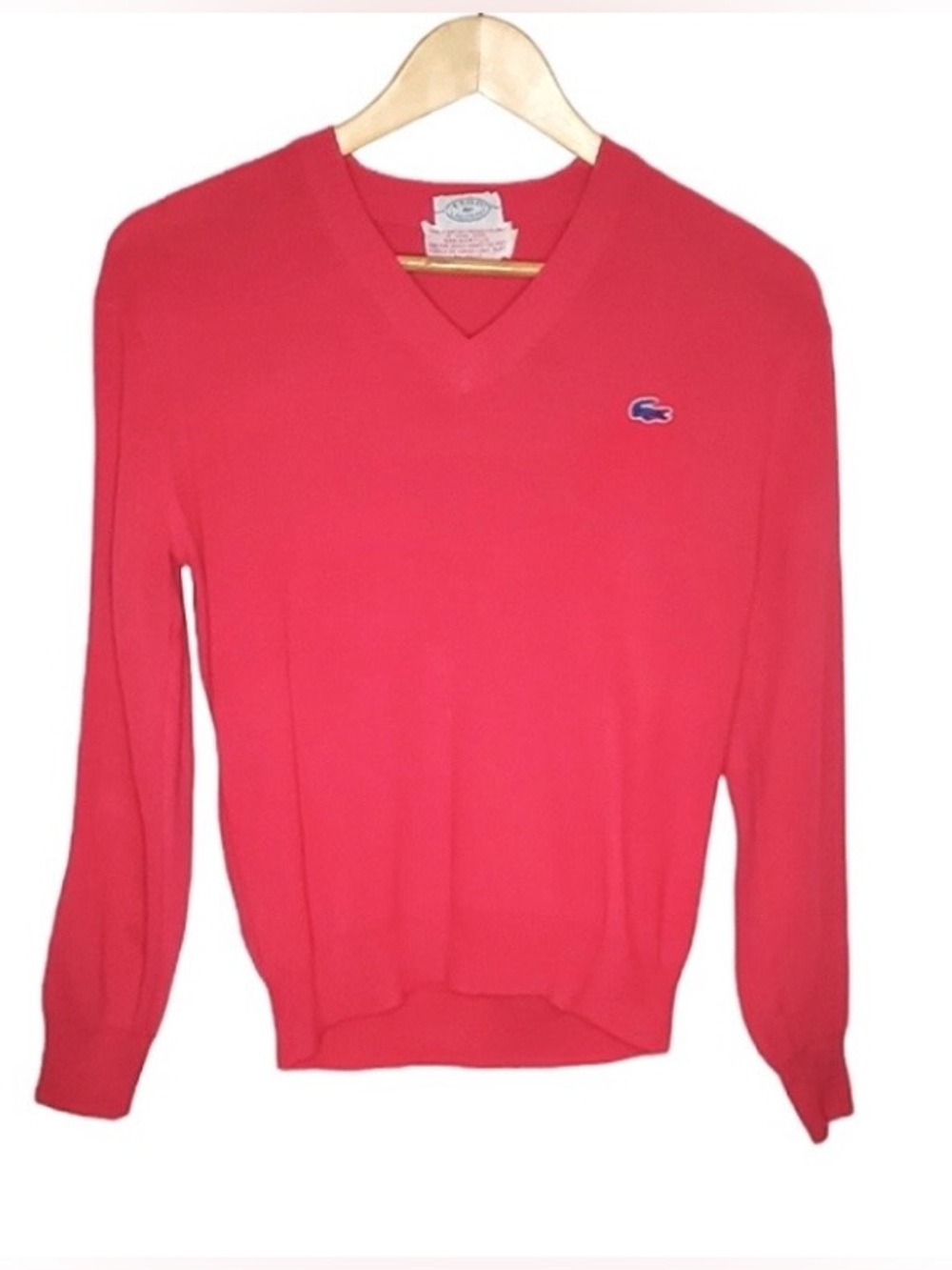 Lacoste Women's Vintage V-Neck Sweater in Coral Red Croc-  Classic ‘80’s